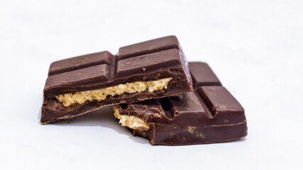Two broken pieces of dark chocolate bar reveal a creamy, crunchy filling.