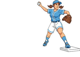 Focused female cartoon baseball player in blue uniform pitching from mound, sporty action pose, glove and cap, athletic character design