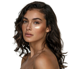 Fototapeta premium beauty model with glowing skin and under eye highlighter, natural makeup on beauty model with healthy skin, beauty model close-up face with under eye glow transparent background