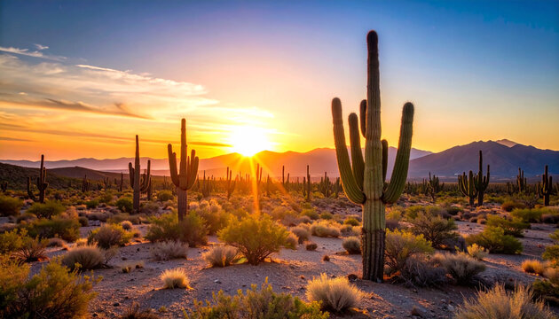Flat desert landscape at sunset with silhouette of cacti and layered pastel-colored sky, subtle gradient from warm terracotta to pale blue, sunburst on the horizon