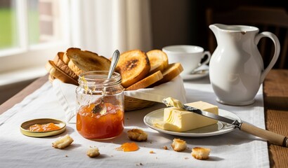 Savoring a delightful breakfast with warm toast, sweet jam, and creamy butter, bathed in soft morning light.