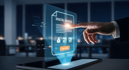 Businessman pays digital invoice with futuristic online interface on his tablet at night.