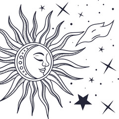 A vibrant and cute yellow sun with a cheerful smiling face surrounded by colorful flowers and puffy white clouds