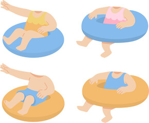 Kids in swimming tube photo montage template, character set for pool party invitation and summer vacation decoration