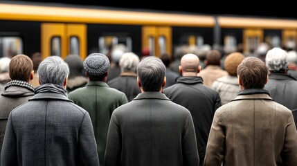 People waiting at a train station platform with a yellow train arriving in the background