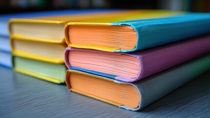 Vibrant Stack of Colorful Hardcover Books on a Wooden Surface
