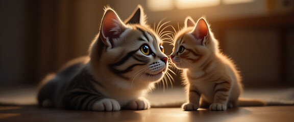 Two adorable kittens face each other on a wooden floor, one larger with gray and black stripes and bright, expressive yellow eyes, the other smaller with soft orange stripes and bright eyes. 