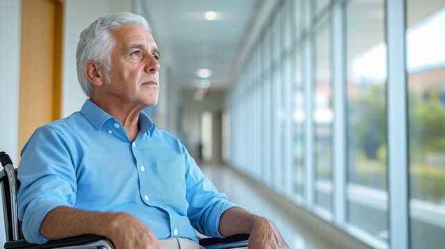 Elderly caucasian male in wheelchair reflecting in bright hallway