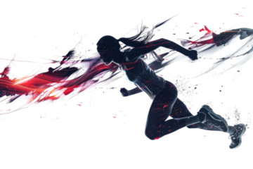 Dynamic silhouette of a female runner illustrating speed and motion with vibrant color bursts on a white background