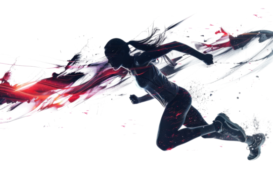 Dynamic silhouette of a female runner illustrating speed and motion with vibrant color bursts on a white background