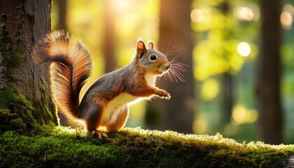 a cheerful squirrel stands on a mossy log raising its paw in a friendly wave the glow of sunlight filters through the trees creating a whimsical atmosphere in the forest