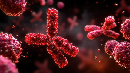 Antibodies attacking virus, Y-shaped antibodies, red virus particles, immune response 