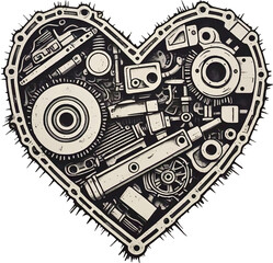 Fototapeta premium Grunge-style heart illustration with gears and cogs, a mix of music and machine art for a unique technological design