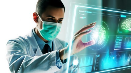 Doctor wearing a mask interacts with a futuristic holographic medical display