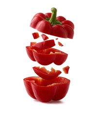 Exploded View of a Vibrant Red Bell Pepper with Slices Suspended in Mid-Air Against a Clean White Background