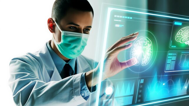 Doctor wearing a mask interacts with a futuristic holographic medical display - Powered by Adobe