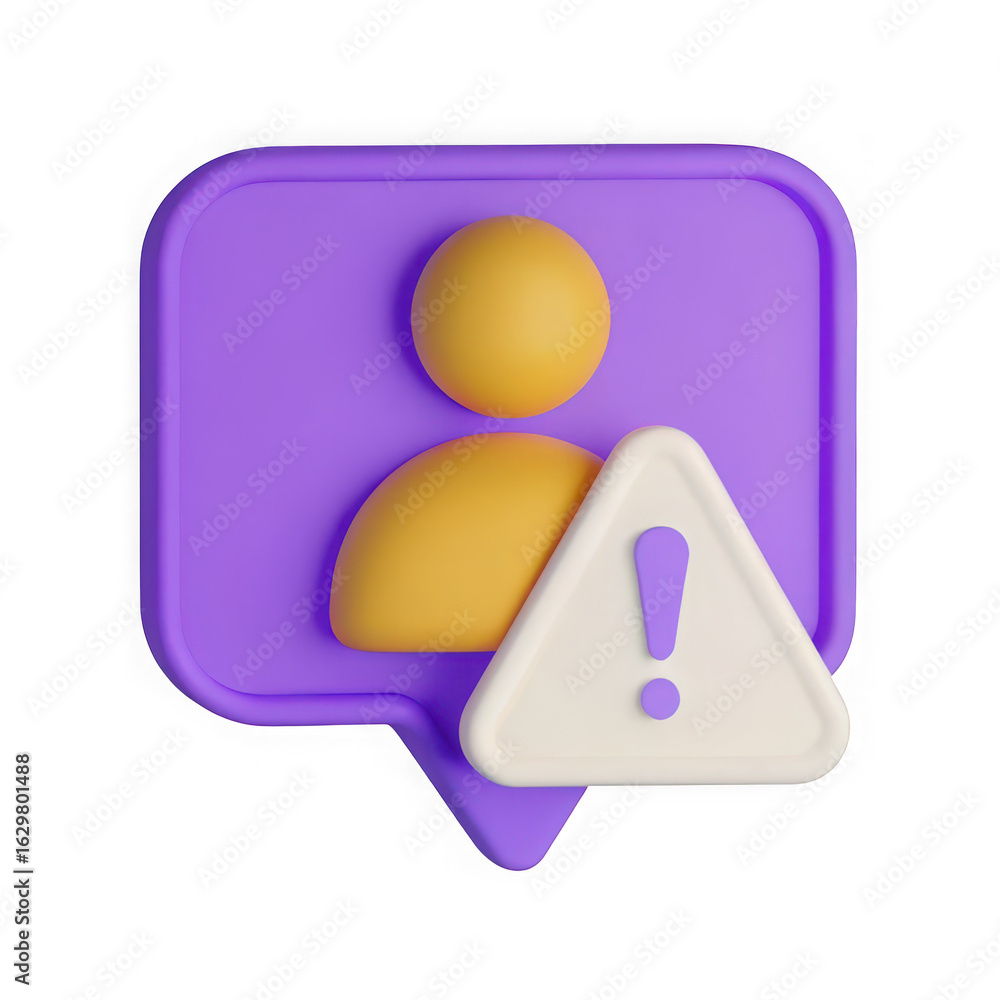 Fototapete 3d rendering of a purple speech bubble with a yellow user icon and a white exclamation mark warning 