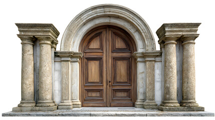 Fototapeta premium Ornate wooden door framed by stone columns, showcasing architectural detail and historical design, perfect for heritage projects on transparent background