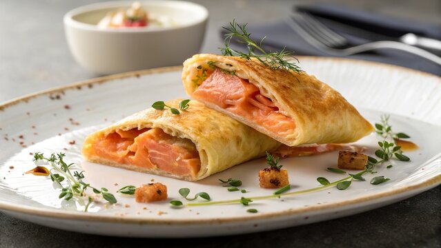 Gourmet brik with smoked salmon and fresh herbs served on an elegant plate in a modern dining setting