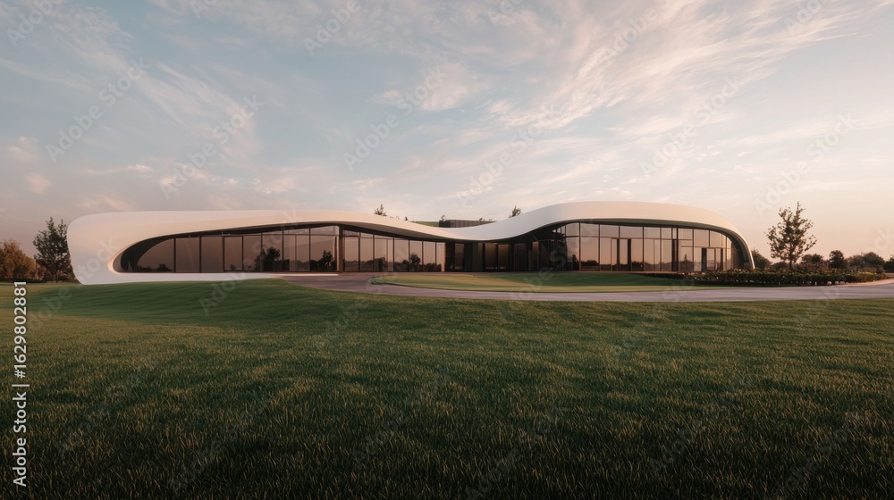 Poster futuristic school architecture design with smooth curves and modern landscape elements