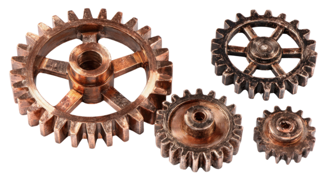 Close-up of three interlocking gears.  Rusty, copper-toned metal gears arranged in a cluster, showing intricate teeth and metalwork.  Dark background isolates the gears