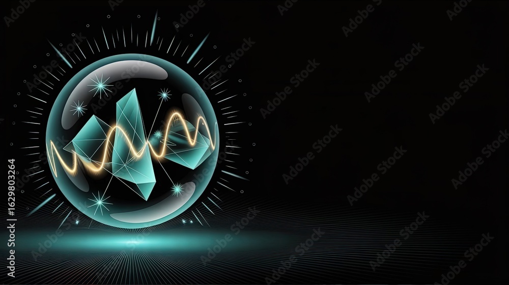 Poster digital abstract visualization: a captivating digital abstract showcases a luminous sphere encompass