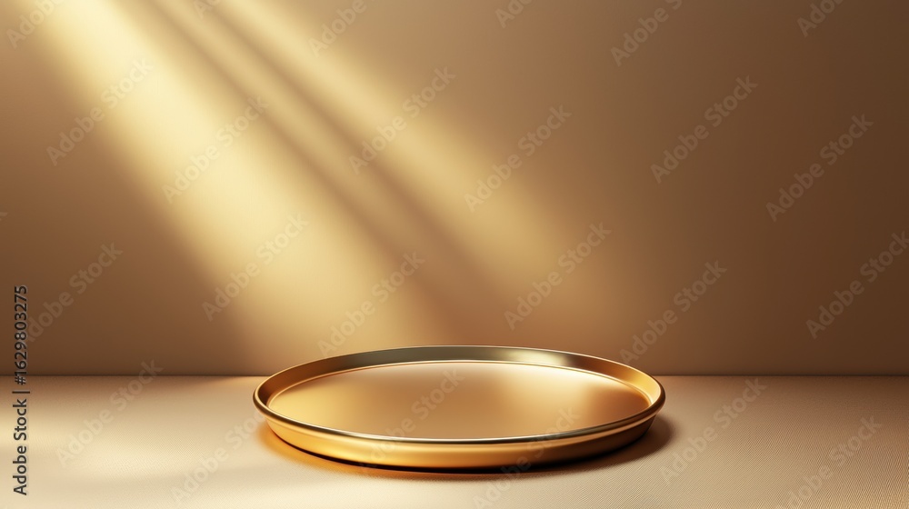 Poster golden product podium illuminated by soft spotlight in elegant display setting