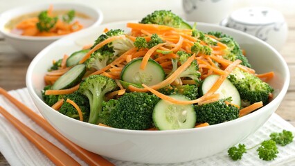 Crisp broccoli salad with carrots and cucumbers served in a bowl along with a side dish