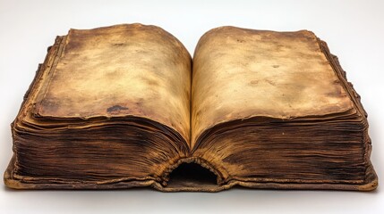 Vintage Open Book with Aged Pages and Worn Cover, Isolated Background