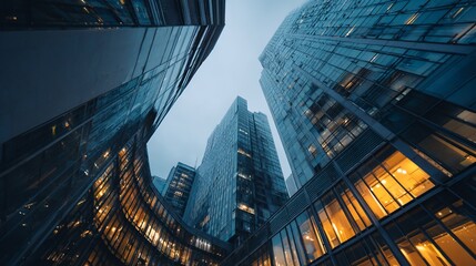 Low-angle view of modern skyscrapers at dusk