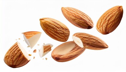 levitation of whole and broken almonds in the air isolated on white background