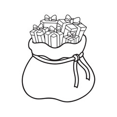 Santa's sack full of gifts outline. Christmas holiday symbol with present boxes and bows. Simple black line art coloring page, vector illustration isolated on a white background.
