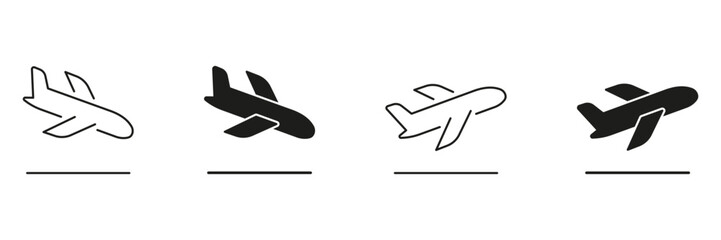 Airplane Takeoff And Landing Icon Set. Aviation And Flight Operation Symbol Collection. Aircraft Departure And Arrival Silhouette Icons. Isolated Vector Illustration
