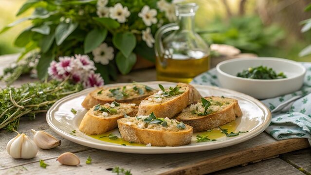 Garlic bruschetta drizzled with olive oil served on a rustic table surrounded by fresh herbs and flowers