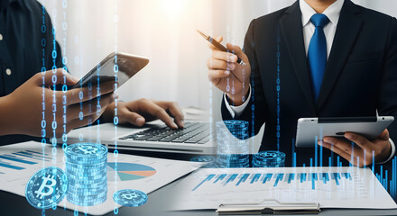 Two Business People Collaborating on Financial Analysis with Digital Overlays in Modern Office Setting