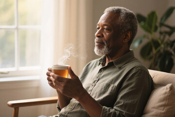 Black Senior Man Holding Steaming Tea Cup by Window – Emotional Morning Moment with Soft Light and Indoor Calm, Photorealistic Realism and Gentle Focus