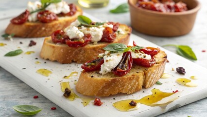 Bruschetta topped with sundried tomatoes and goat cheese served on a platter with herbs and olive oil
