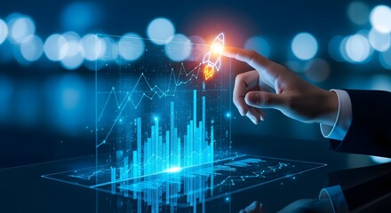 Dynamic stock market analysis with rocket launch showing investment growth potential and futuristic financial insights for innovation and technology firms
