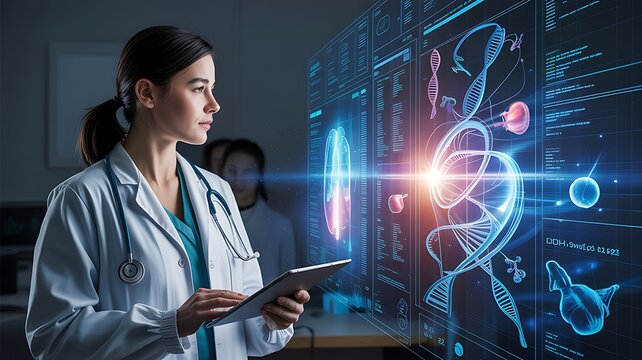 Female doctor examining futuristic holographic medical data display