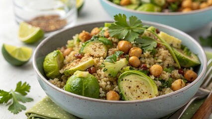 Enjoying a nutritious brussel sprout salad with quinoa, chickpeas, and fresh herbs as a protein-packed meal option