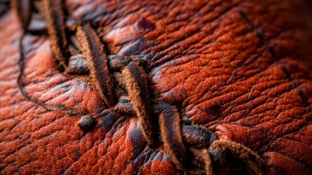Detailed close-up texture of vintage baseball glove's aged leather and stitching