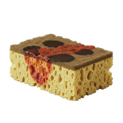 Worn-out, faded yellow kitchen sponge, compressed, dry, with coffee & tomato stains, porous, frayed edges, on seamless transparent background, studio light, concept of household wear