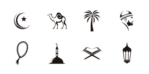 Islamic culture elements silhouette icons including crescent, mosque, Quran, lantern and other religious symbols

