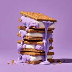 Stack of S’mores with Melting Marshmallow and Purple Cream on Purple Background – Sweet Messy Dessert with Crackers, Dramatic Drips, and Colorful Editorial Food Photography