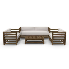 Modern Wooden Sofa Set with Cushions Isolated on Transparent Background
