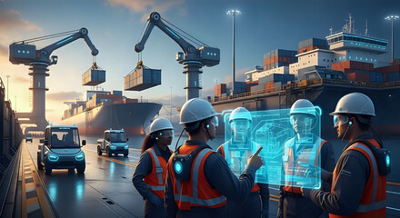 Modern logistics professionals collaborating with advanced holographic technology to optimize global shipping operations at a bustling container port.