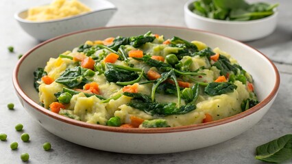 Delicious bubble and squeak with spinach featuring vibrant vegetables in a cozy kitchen setting