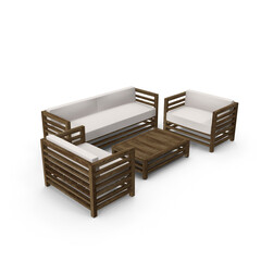 Modern Wooden Sofa Set with Cushions Isolated on Transparent Background