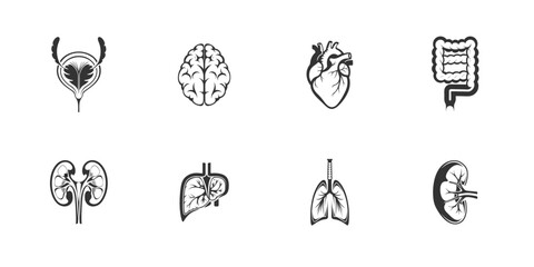 Human internal organ icon set in black medical illustration style for anatomy, healthcare, and biology concepts


