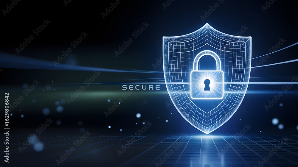 Poster cyber shield: a glowing digital shield with a padlock at its center, symbolizing robust security and